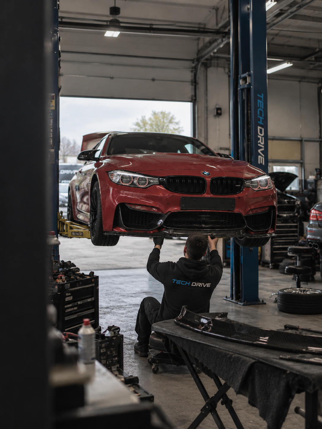 TECH DRIVE mechanic working on a modified BMW M4