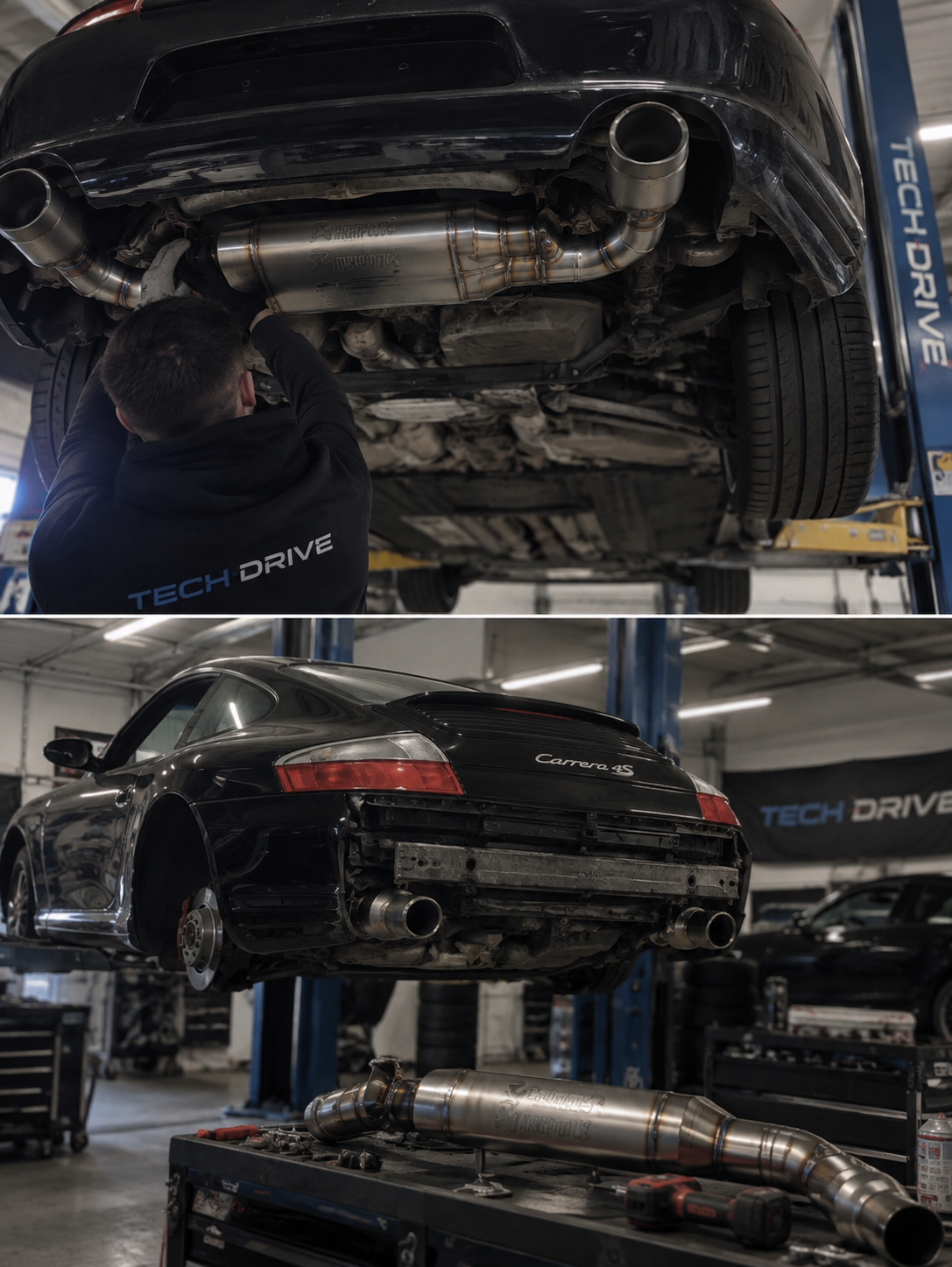 TECH DRIVE mechanic fitting an exhaust system to a Porsche in the workshop