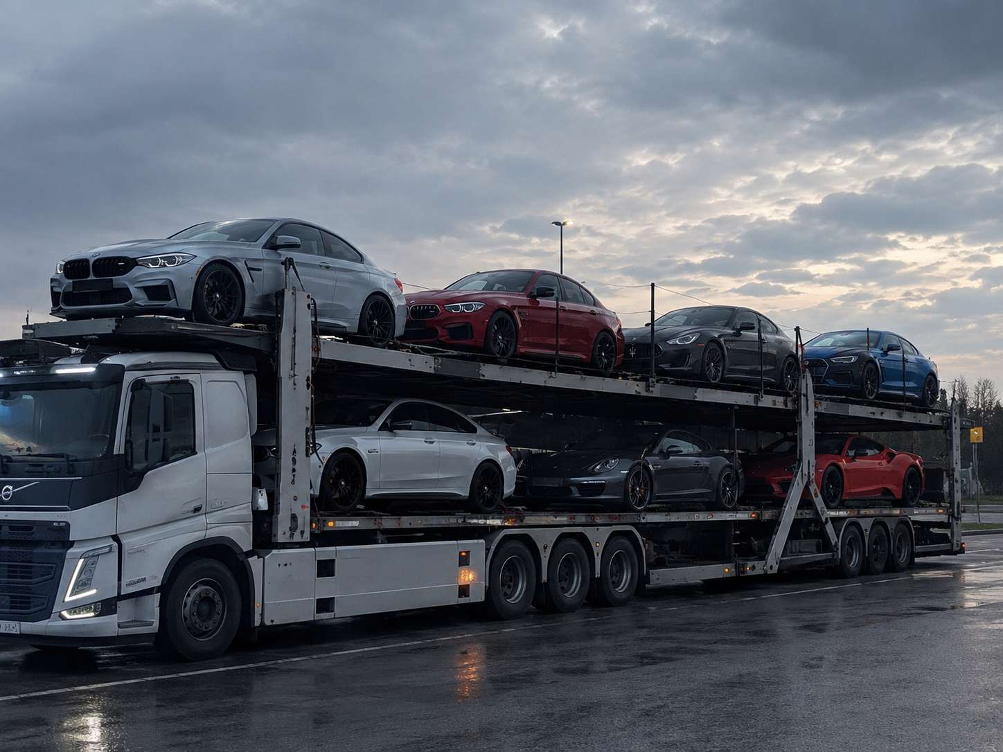 TECH DRIVE transporter loaded with imported sports cars